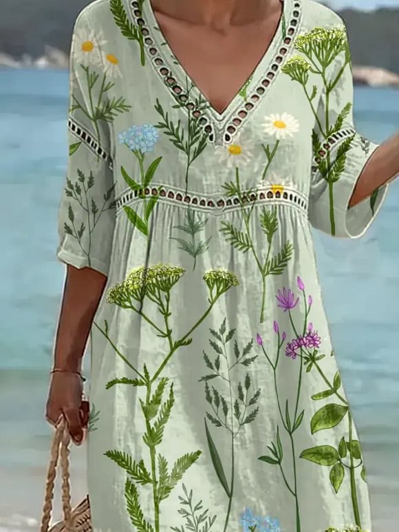 Women's Retro Floral Pattern Art Print Casual Stylish Cotton Linen Dress