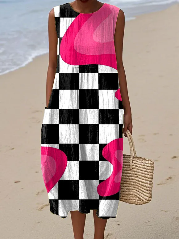 Women's Vintage Abstract Geometric Art Print Sleeveless Cotton Pocket Wrap Dress