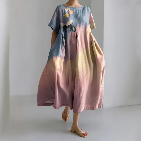 Abstract Creative Star Black Cat On The Sky Painting Art Linen Blend Dress