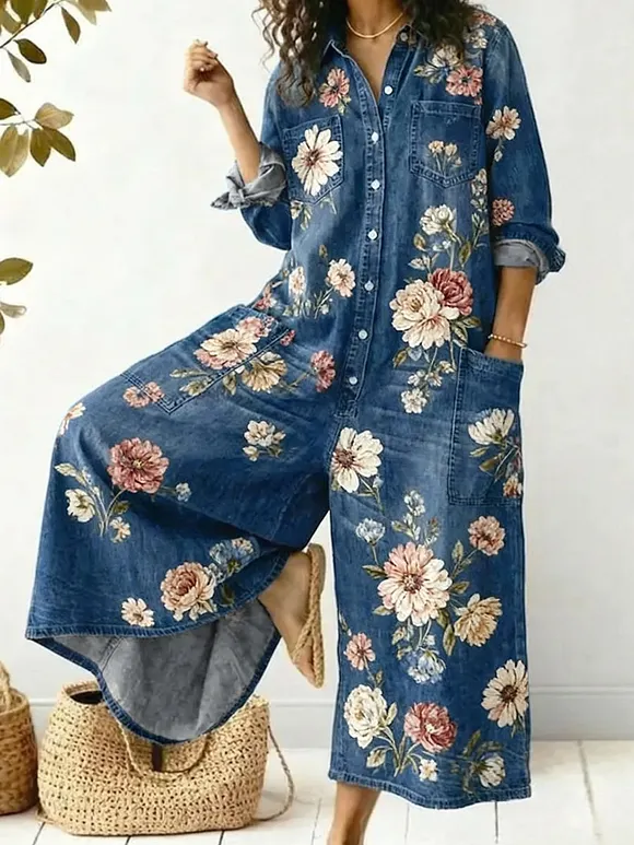 Women's Vintage Flower Print Cozy And Casual Cotton Jumpsuit