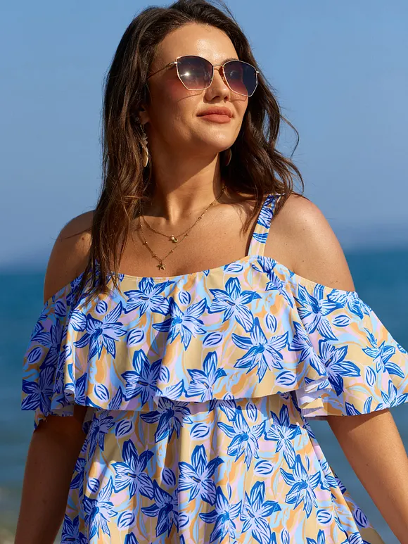 Floral Ruffle Trim Off Shoulder Pockets Swim Dress