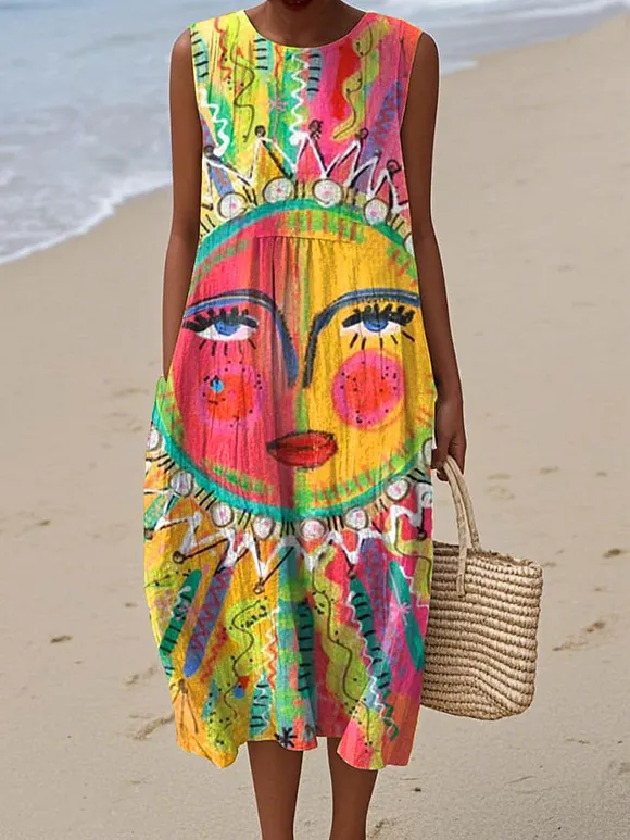 Women's Funny Sun Pattern Art Print Sleeveless Cotton Pocket Wrap Dress