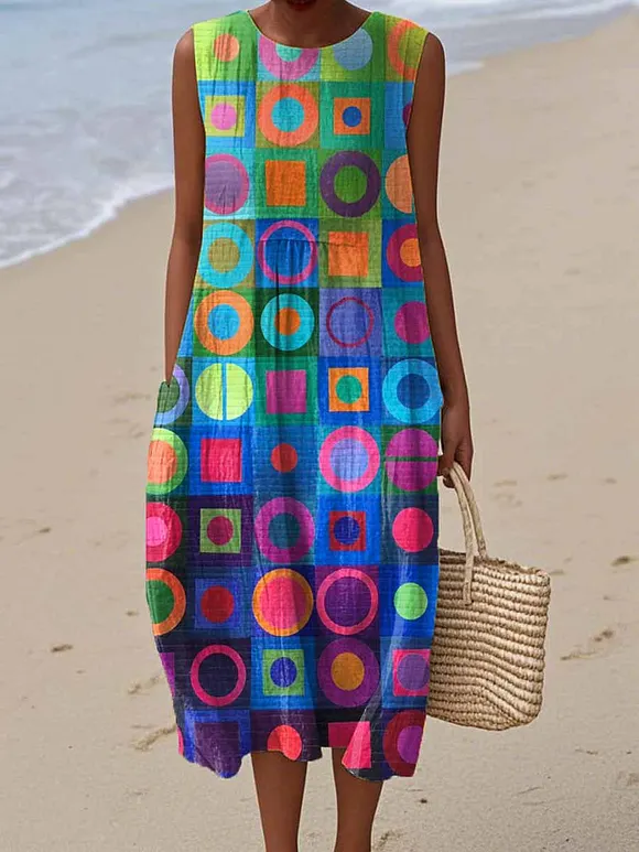 Women's Abstract Geometric Pattern Art Print Sleeveless Cotton Pocket Wrap Dress