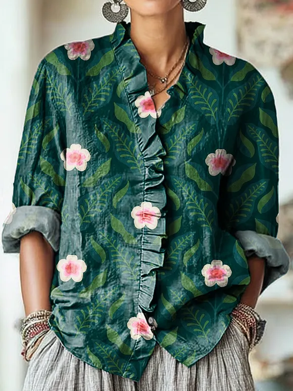 Women's Ethnic Floral Leaf Pattern Art Print Casual Cotton And Linen Ruffle Shirt