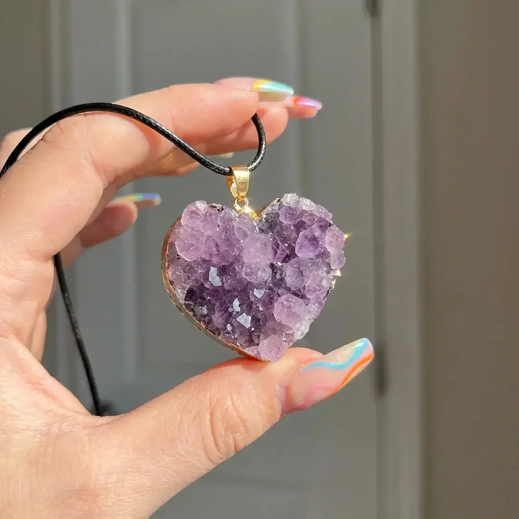 Natural Uruguay amethyst druzy heart pendant with gold-plated edge