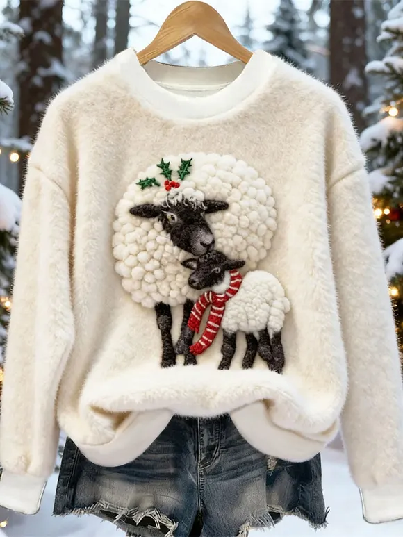 Women's Christmas Cute Animal Art Flannel Sweatshirt