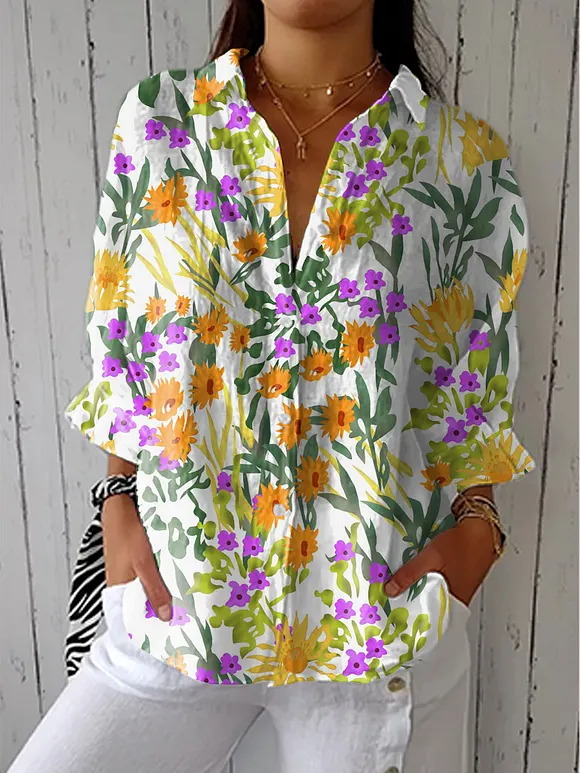 Women's Vintage Flower Art Print Casual Linen V-neck Shirt