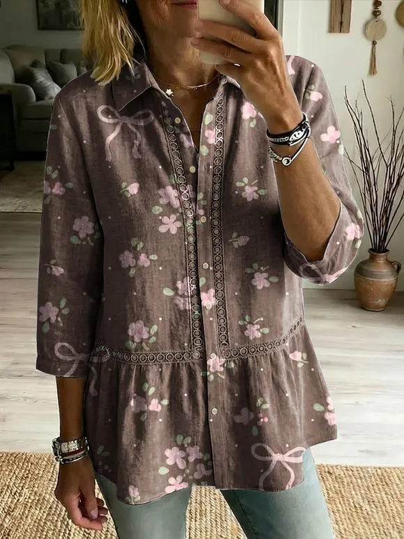 Floral Flowers Art Patterns Casual Patchwork Openwork Webbing Linen And Cotton Shirt