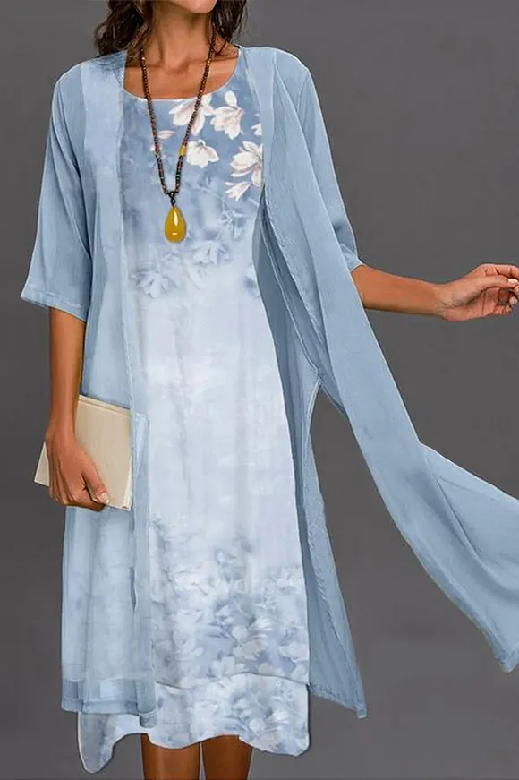 Floral Print Half Sleeves Two Piece Midi Dress