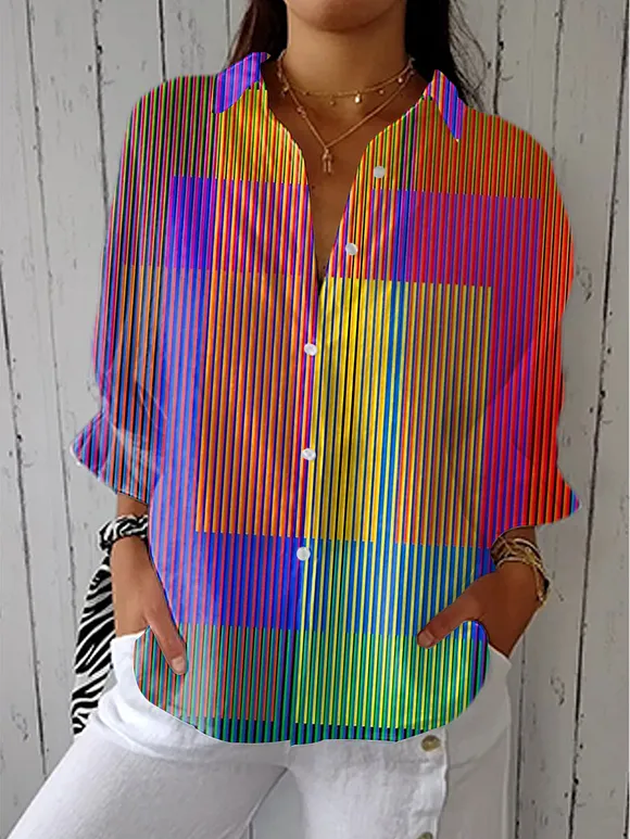 Women's  Vintage Abstract Geometric Art Print Casual Linen V-neck Shirt