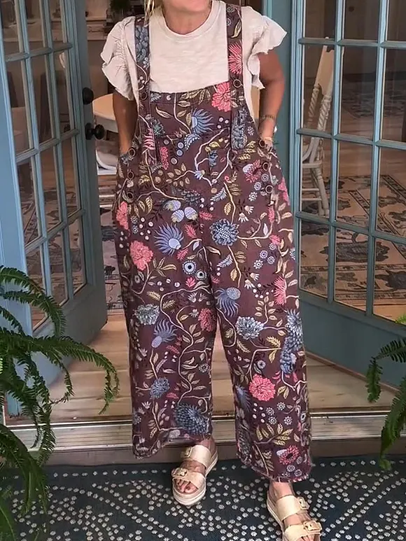Women's Loose Floral Print Cotton Jumpsuit