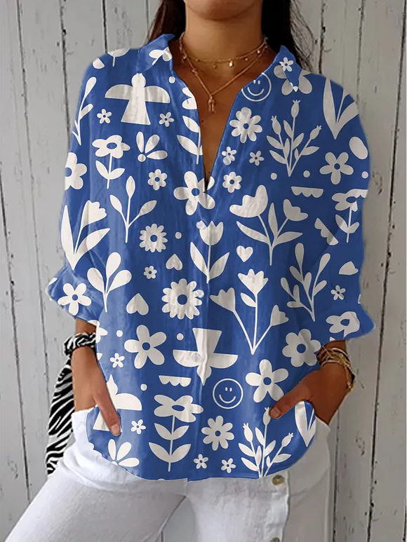 Women's  Vintage Flower Art Print Casual Linen V-neck Shirt