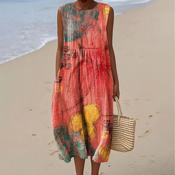 Women's Vintage Flower Art Print Sleeveless Cotton Pocket Wrap Dress