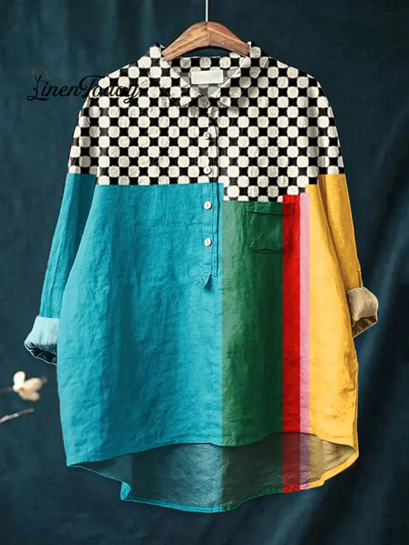 Women's Retro Poster  Art  Print Casual Cotton And Linen Shirt
