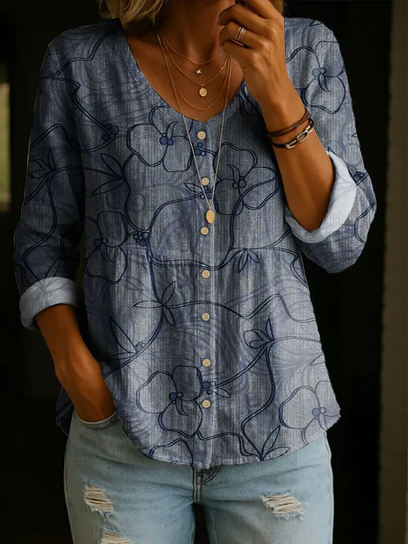Women's Floral Pattern Art Print Casual Cotton Shirt