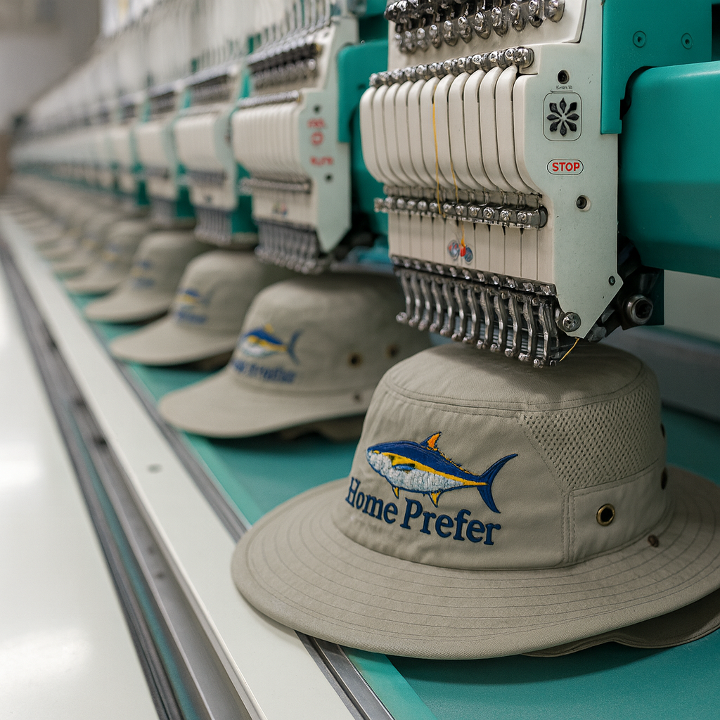 Factory production line sewing hats in bulk