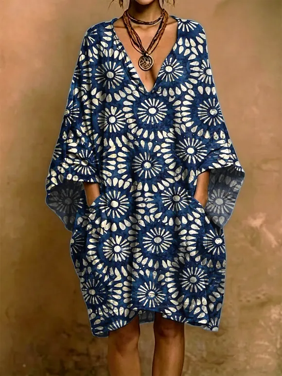 Geometric Circular Flower Woman's Short Sleeve Cotton Linen Dress