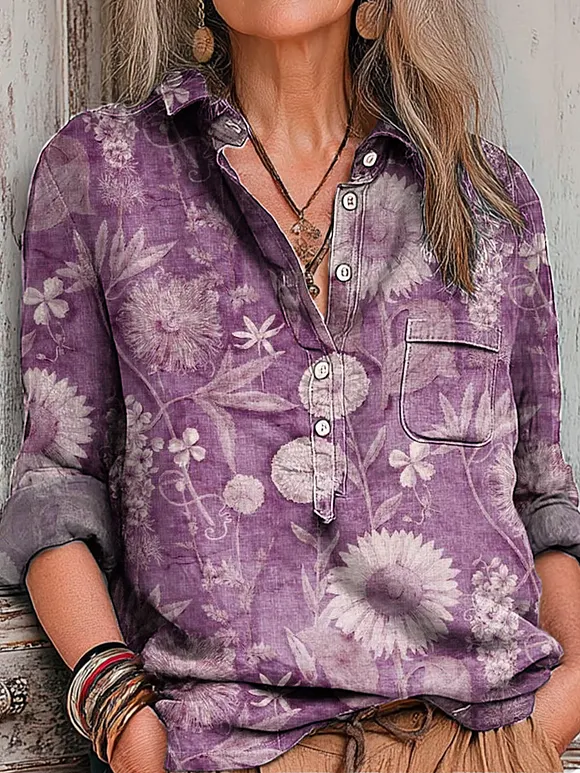 Women's Vintage Ethnic Floral Painting Art Print Casual Cotton And Linen Shirt