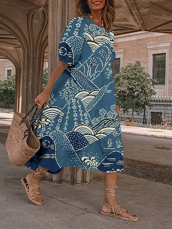 Retro Mountain Japanese Art And Spring Midi Dress