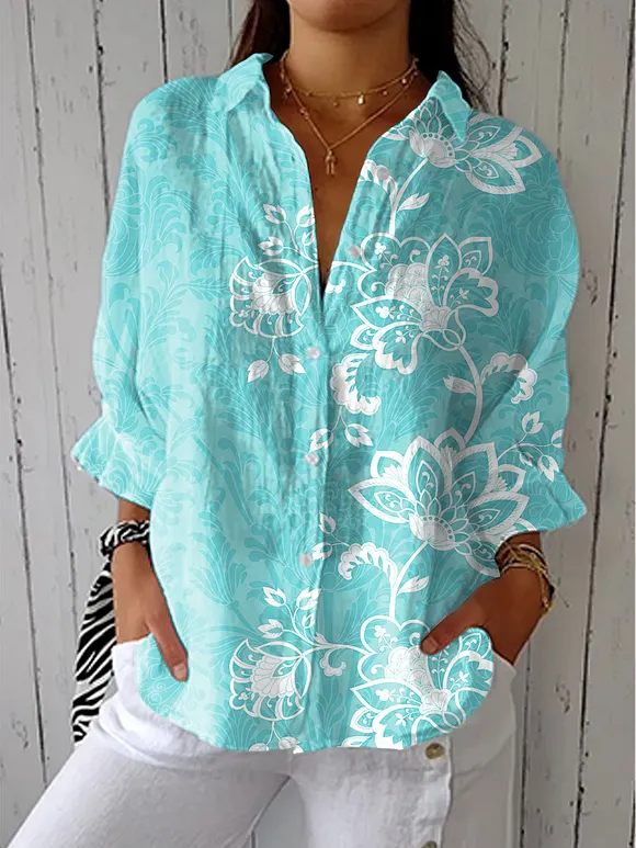 Women's Vintage Flower Art Print Casual Linen V-neck Shirt