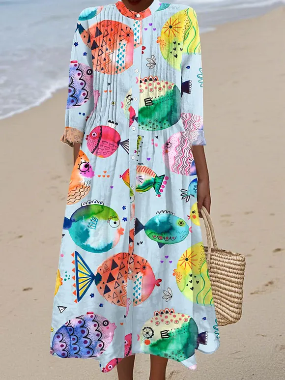 Women's Vintage Fish  Art Print Casual Dress