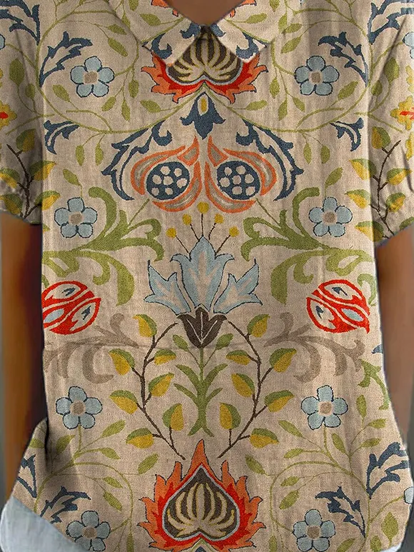 Women's Vintage Ethnic Floral Art Print Casual Cotton And Linen Shirt