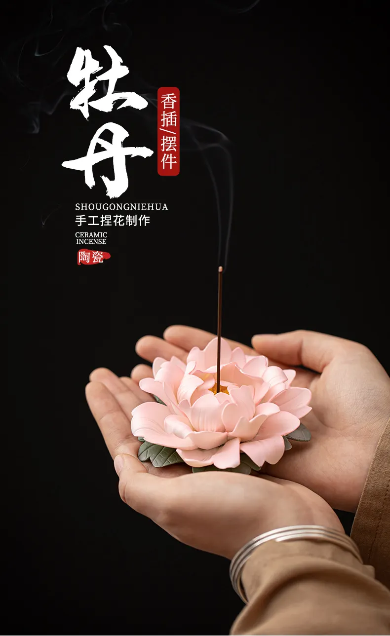 Creative Ceramic Hand Kneading Peony Flower Incense Insert Home Line Incense Base Living Room Tea Room Decoration Crafts Line Incense Insert Incense Burners 9