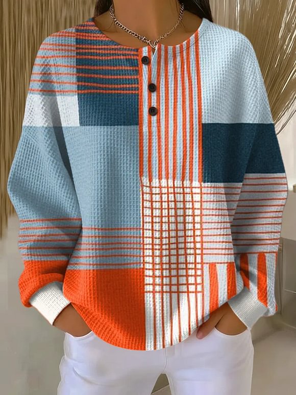 Women's Geometric Pattern Art Print Casual Waffle Sweatshirt
