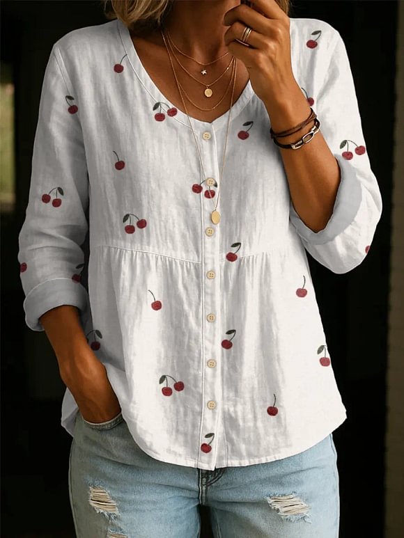 Women's Lovely Cherry Pattern Art Print Casual Cotton Shirt