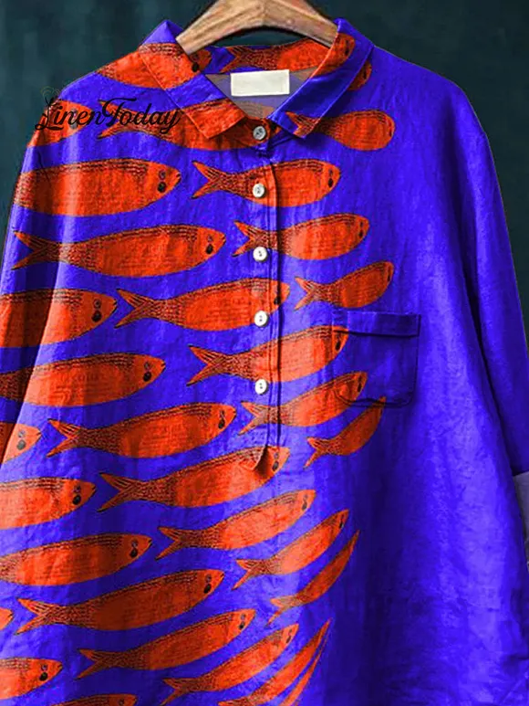 Sardine Fish Swarm Pattern Printed Women's Casual Cotton And Linen Shirt