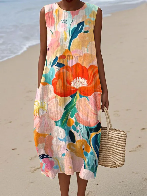 Women's  Vintage Floral Art Print Sleeveless Cotton Pocket Wrap Dress