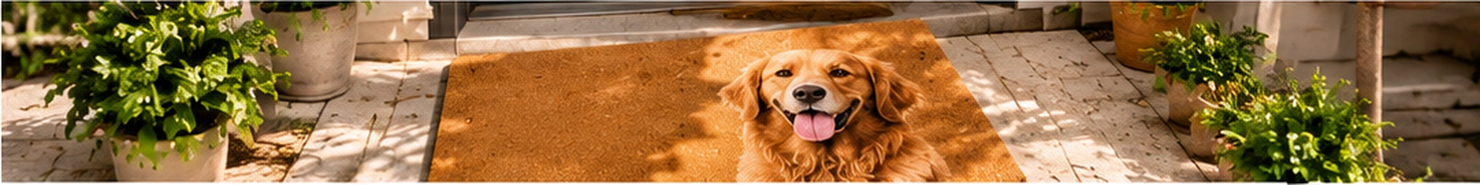 Personalized doormat banner featuring a custom golden retriever welcome mat at a front door