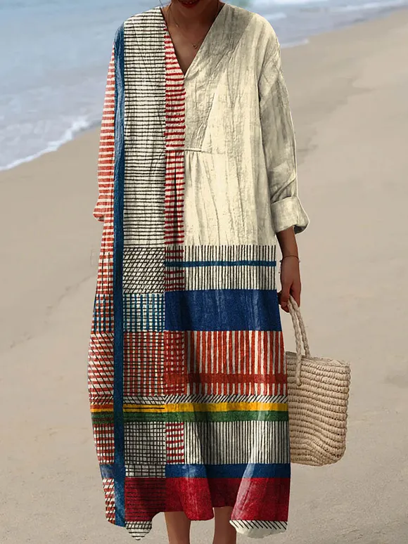 Retro Cotton Dress with Geometric Line Art Detailing