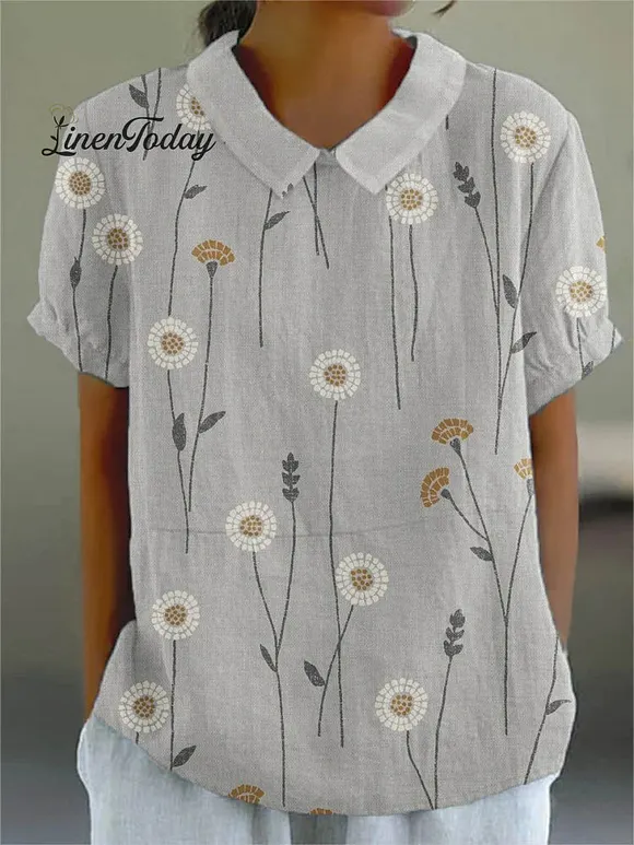 Women's Flower And Leaf Art Pattern Print Casual Cotton And Linen Shirt