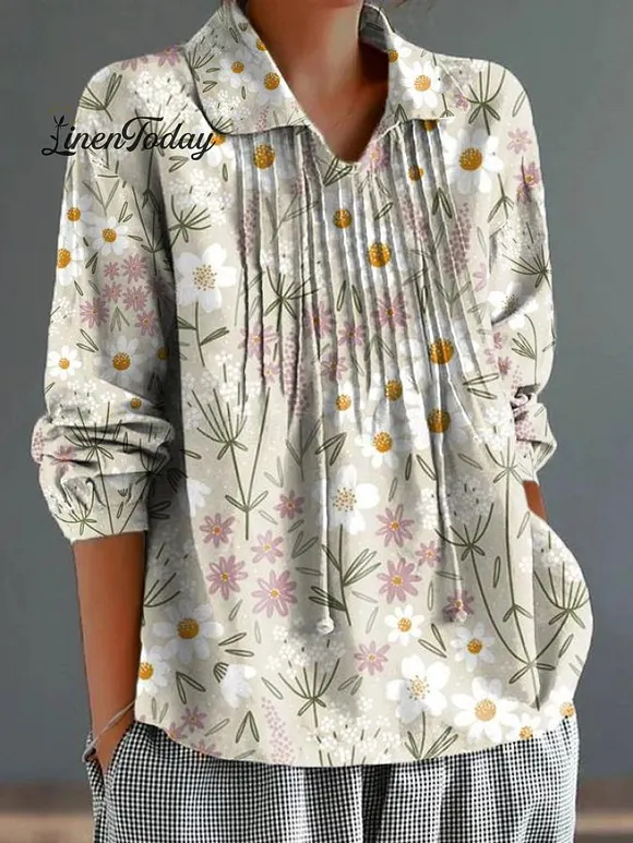 Women's Japanese Style Floral Print Casual Cotton And Linen Shirt