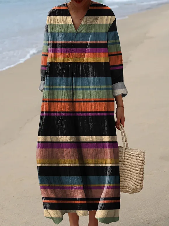 Multicolor Strip Pattern Printed Women's Dress