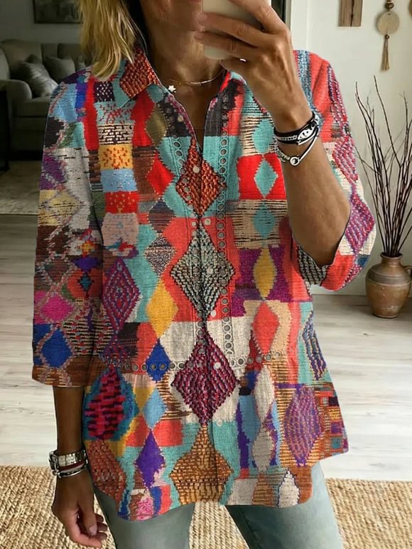 Women's Vintage Geometric Art Print Casual Lapel Cotton Shirt