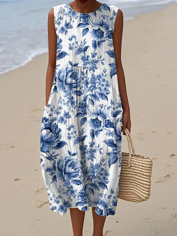 Women's Vintage Floral Pattern Art Print Sleeveless Cotton Pocket Wrap Dress