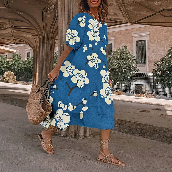 Causal Blue Floral Japanese Art And Spring Midi Dress