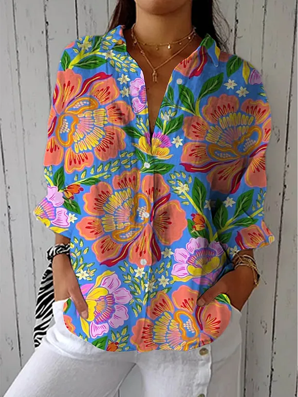 Women's Vintage Floral Art Print Casual Cotton Linen V-neck Shirt