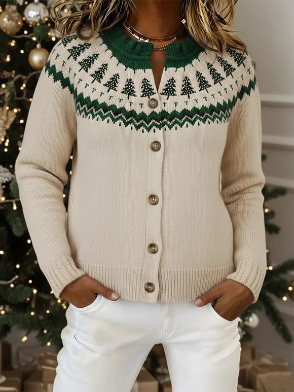 Vintage Christmas Pine Print Crew Neck Button Cardigan
