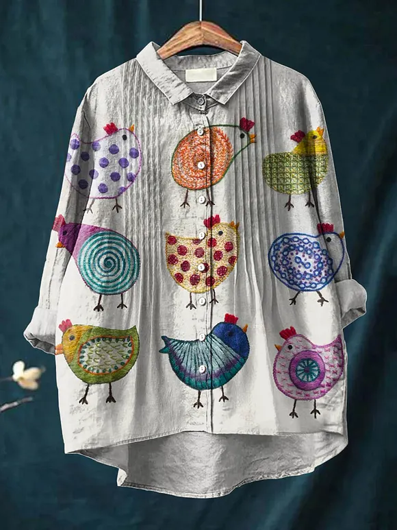 Women's Funny Chicken Art Print Casual Cotton And Linen Ruffle Shirt