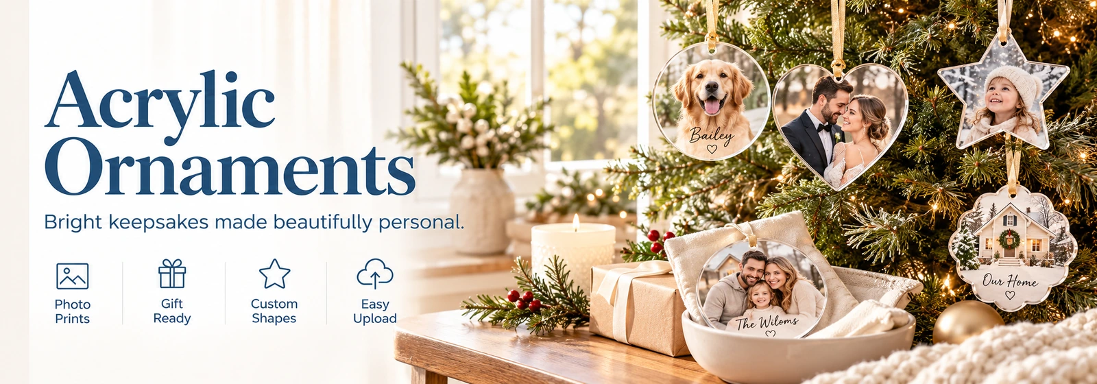Personalized acrylic ornaments banner with custom photo keepsakes displayed on a Christmas tree