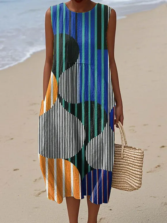 Women's Abstract Geometric Pattern Art Print Sleeveless Cotton Pocket Wrap Dress