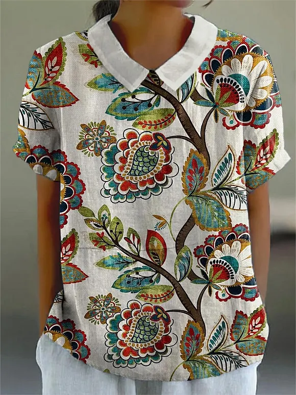 Women's Vintage Lovely Floral Art Print Casual Cotton And Linen Shirt