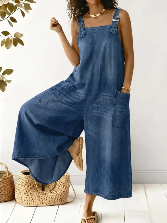 Women's Casual Denim Cotton Jumpsuit With Adjustable Straps