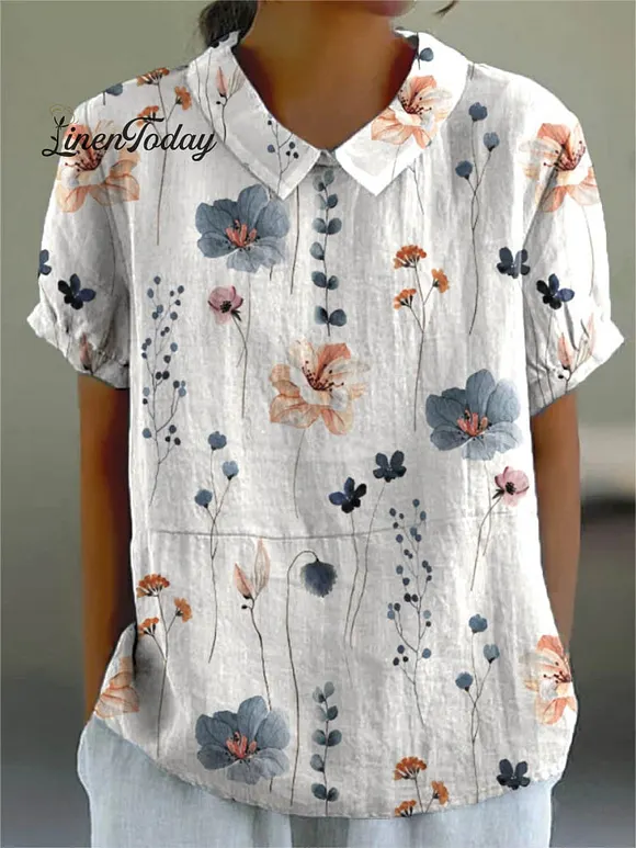 Women's Vintage Floral Art Print Casual Cotton And Linen Shirt