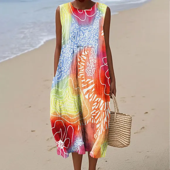 Women's Vintage Flower Art Print Sleeveless Cotton Pocket Wrap Dress