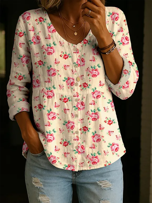 Women's Rose Pattern Art Print Casual Cotton Shirt