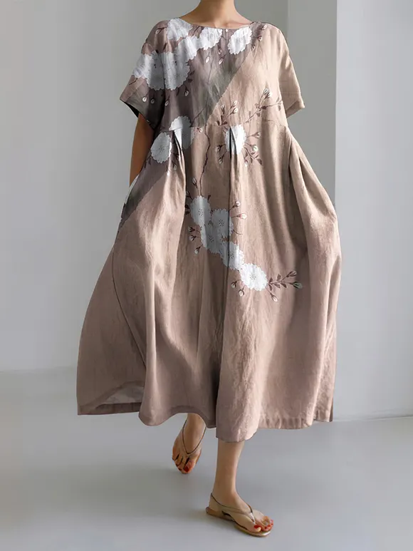 Japanese Art Flower Print Short Sleeve Casual Midi Dress